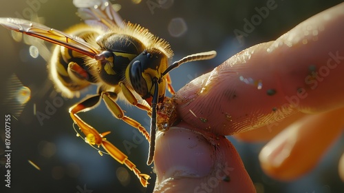 Close-up of Person Treating Wasp Sting Outdoors with Topical Antihistamine under Intense Focus and Lighting photo