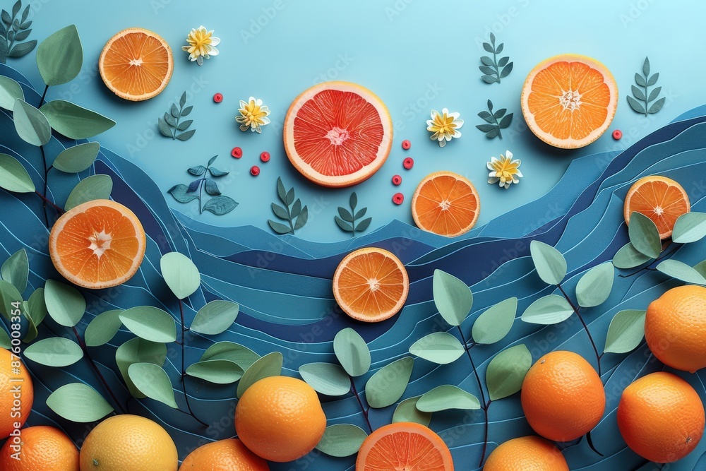 A cheerful and vibrant artwork showcasing oranges, leaves, and flowers arranged on a blue surface, perfect for evoking a sense of freshness and positivity. A cheerful and vibrant artwork showcasing oranges, leaves, and flowers arranged on a blue surface, perfect for evoking a sense of freshness and positivity.