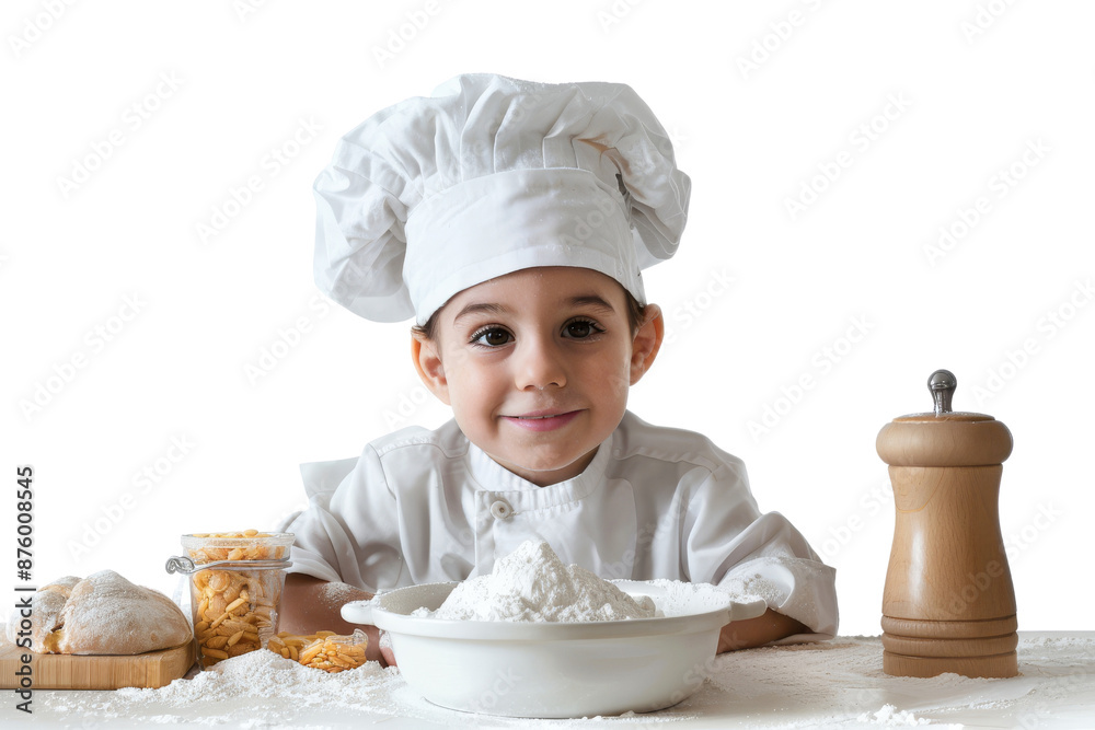 Adorable Young Chef in White Uniform with Baking Ingredients on Table, on Transparent Background Adorable Young Chef in White Uniform with Baking Ingredients on Table, on Transparent Background