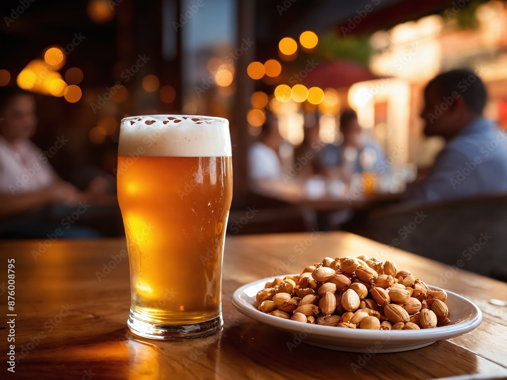 A glass of beer and a plate of nuts at a casual outdoor restaurant A glass of beer and a plate of nuts at a casual outdoor restaurant