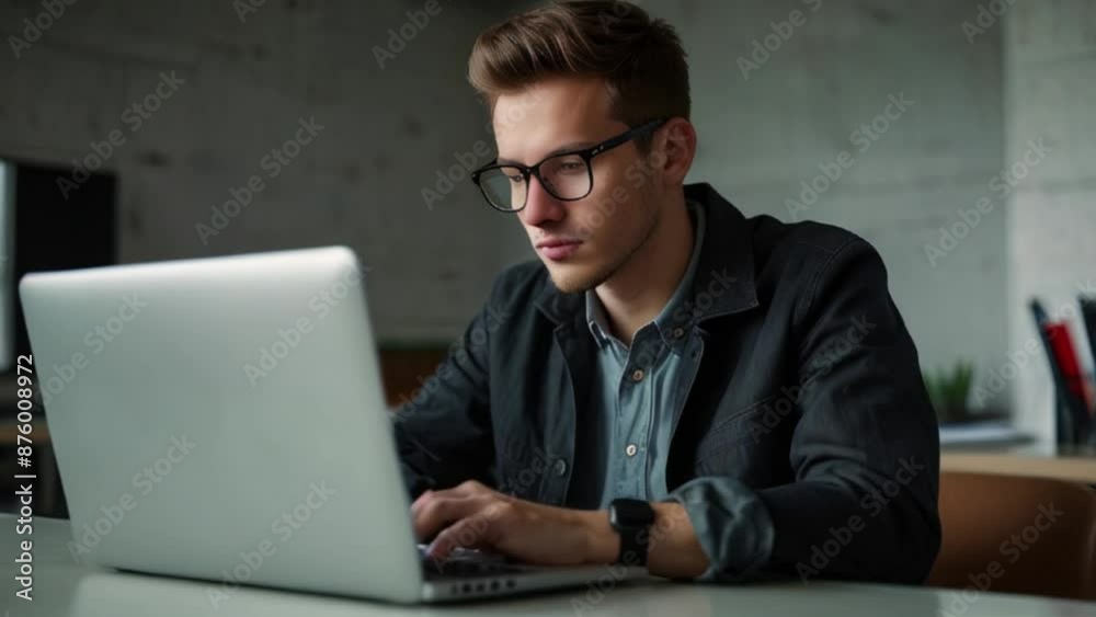 Young Man Working on Laptop in a Modern Office Young Man Working on Laptop in a Modern Office
