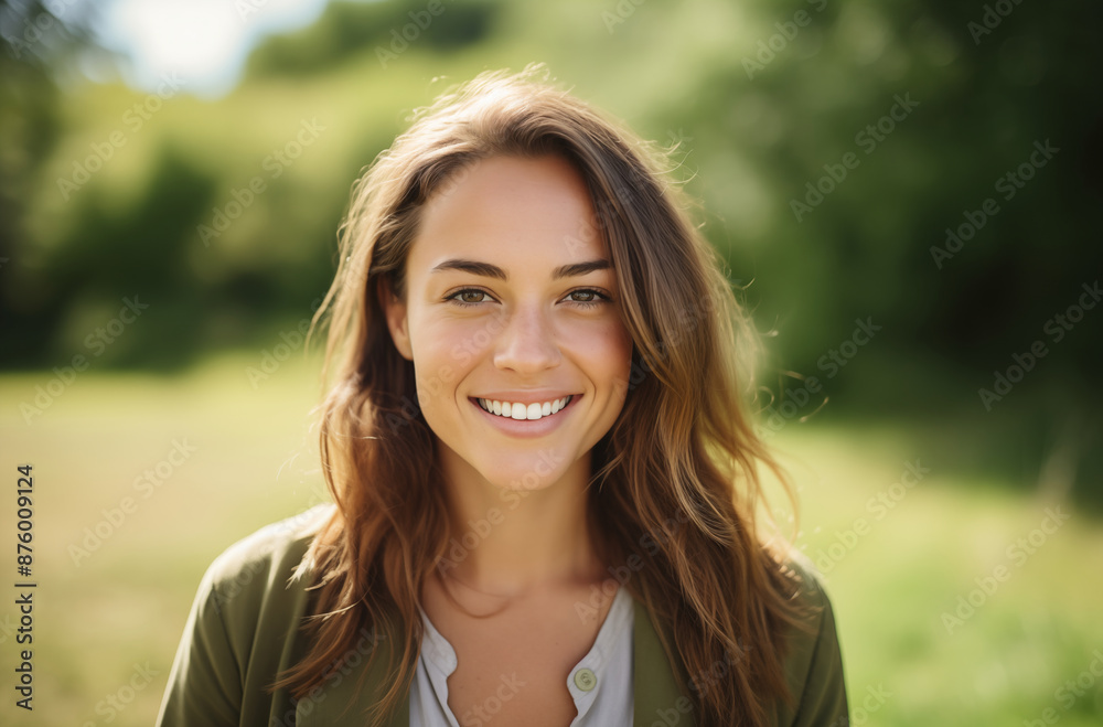 Young woman with a bright smile, wearing a green jacket, standing outdoors in a lush green environment