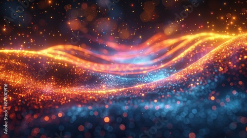 Glowing orange blue glitter particles flowing in wavy motion on dark background