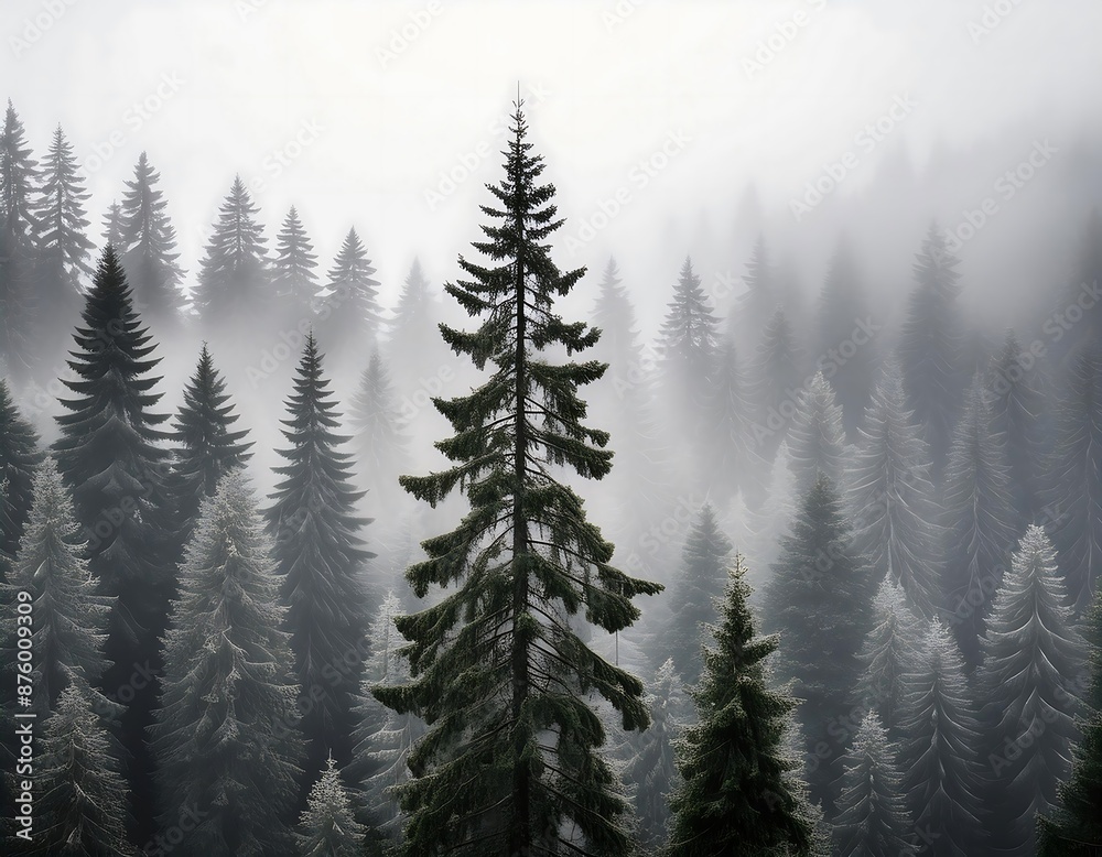 Fototapeta premium A foggy monochrome pine forest, tall trees shrouded in mist