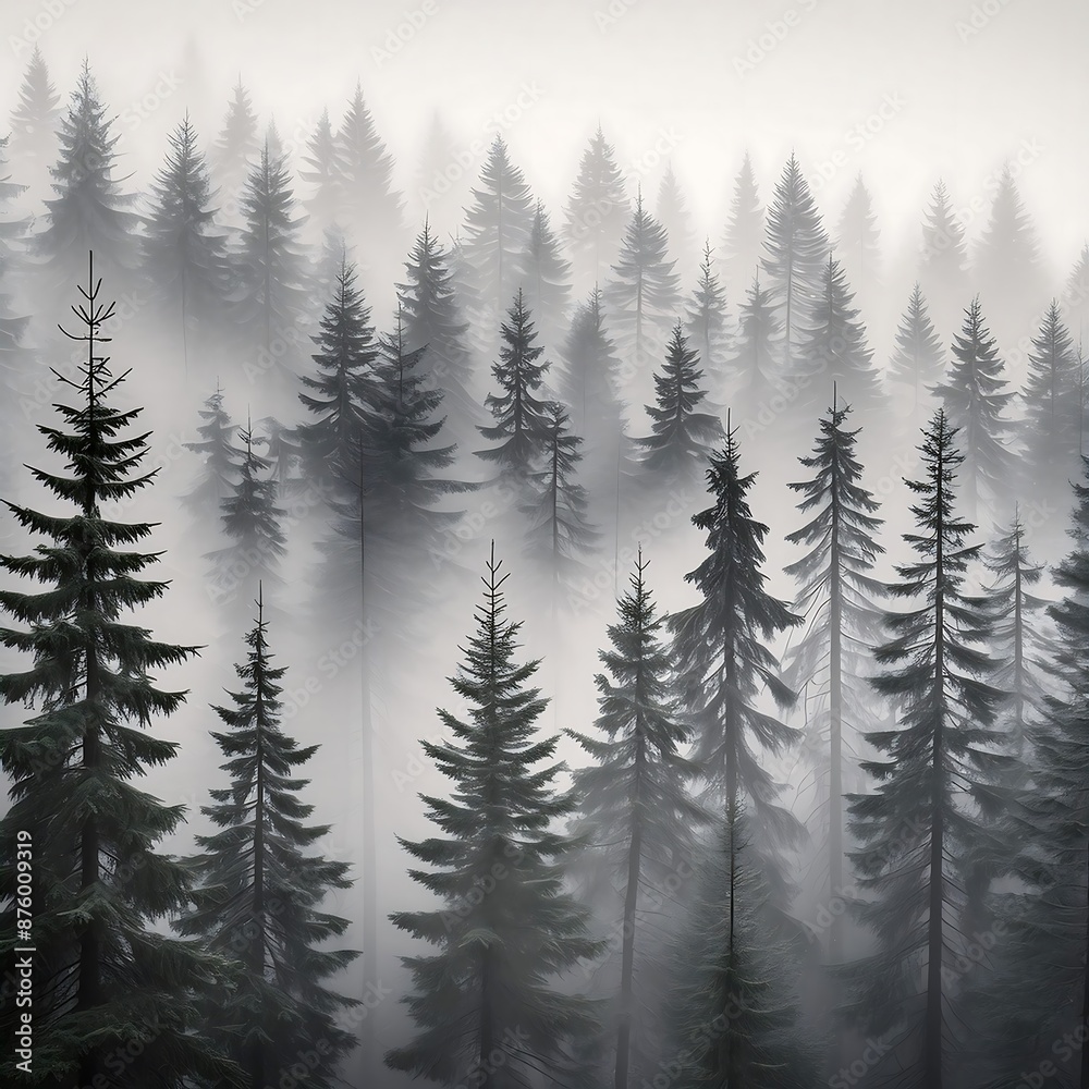 Obraz premium A foggy monochrome pine forest, tall trees shrouded in mist