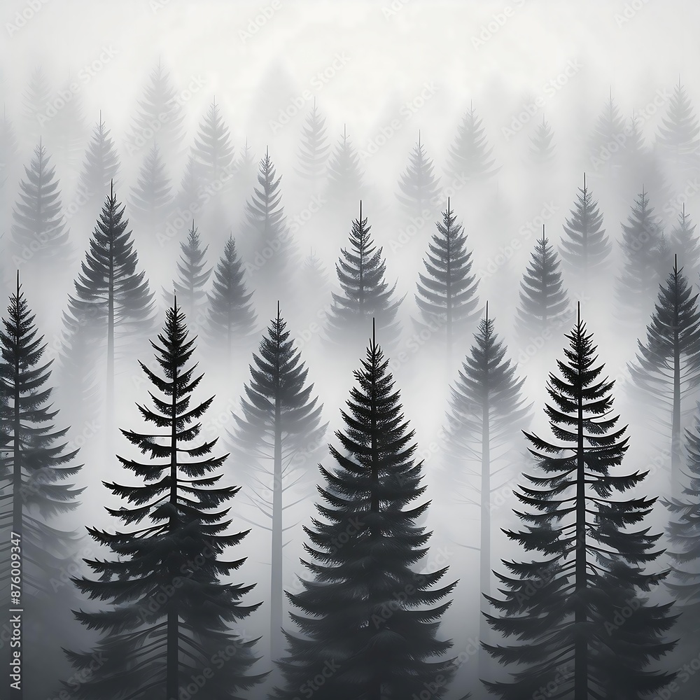 Fototapeta premium A foggy monochrome pine forest, tall trees shrouded in mist