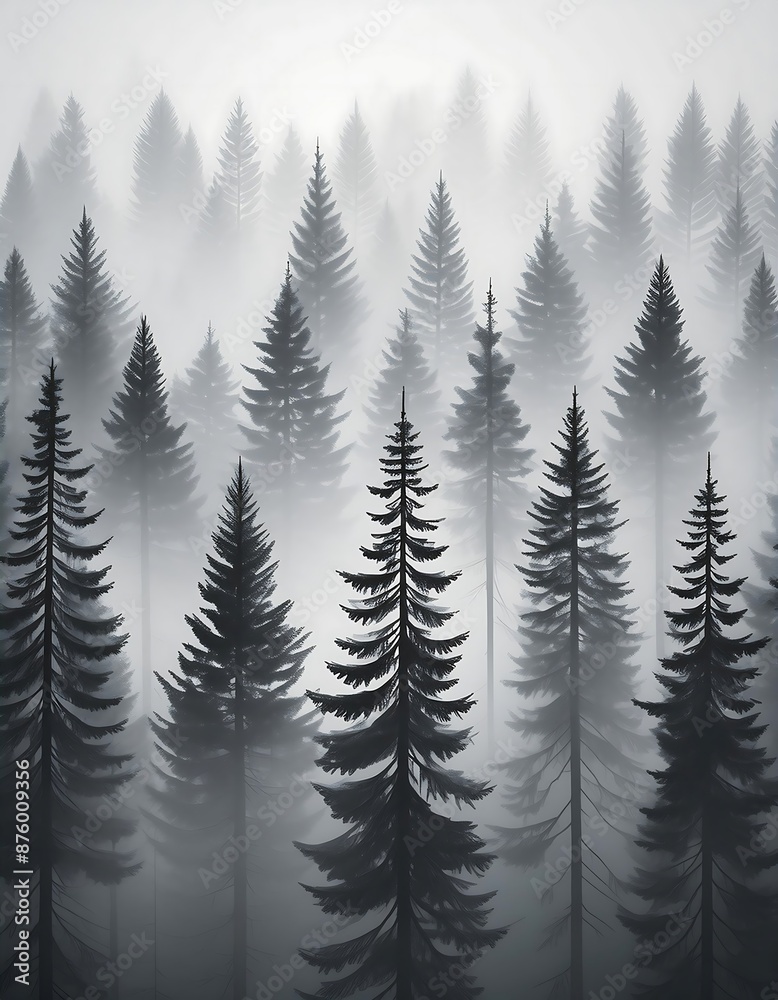 Obraz premium A foggy monochrome pine forest, tall trees shrouded in mist