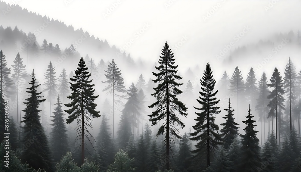 Obraz premium A foggy monochrome pine forest, tall trees shrouded in mist