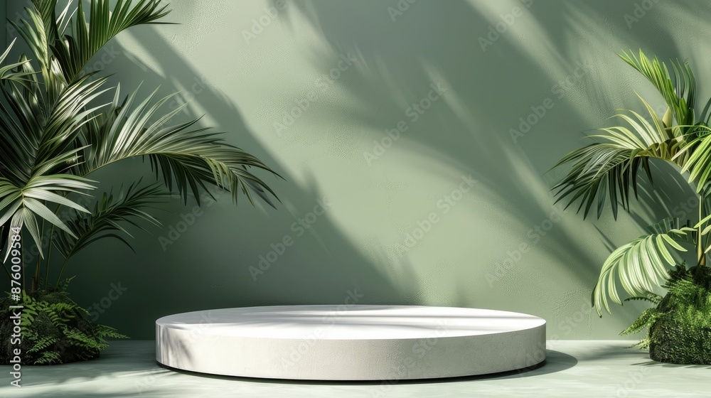 Minimalistic Green Background with White Podium and Tropical Plants Minimalistic Green Background with White Podium and Tropical Plants