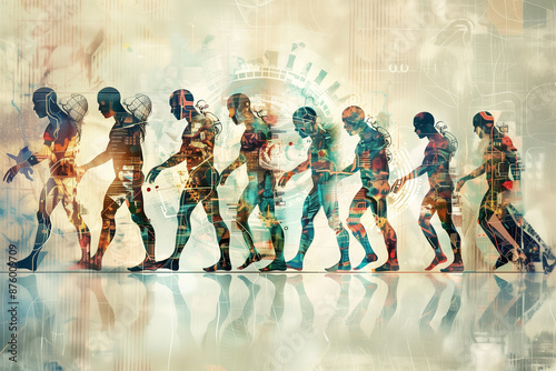 conceptual illustration of human evolution with technological advancements, blending biological and digital elements, depicting progress and transformation