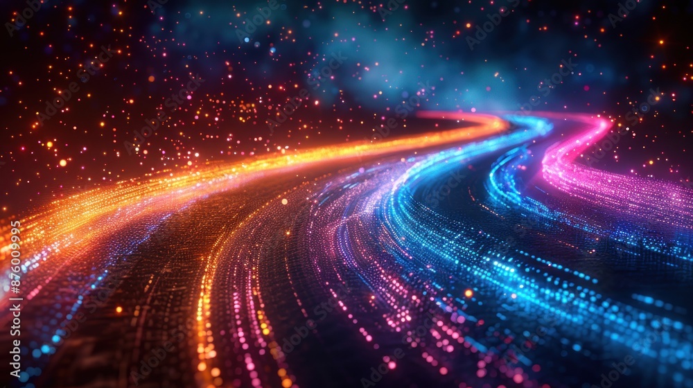 Glowing streaks of orange and blue particles form a dynamic, flowing pattern resembling a cosmic light trail. Glowing streaks of orange and blue particles form a dynamic, flowing pattern resembling a cosmic light trail.