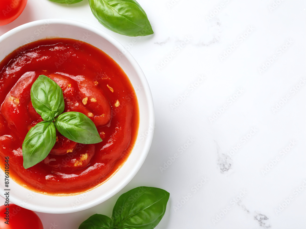 Fresh tomato sauce with basil in white bowl on marble surface Fresh tomato sauce with basil in white bowl on marble surface