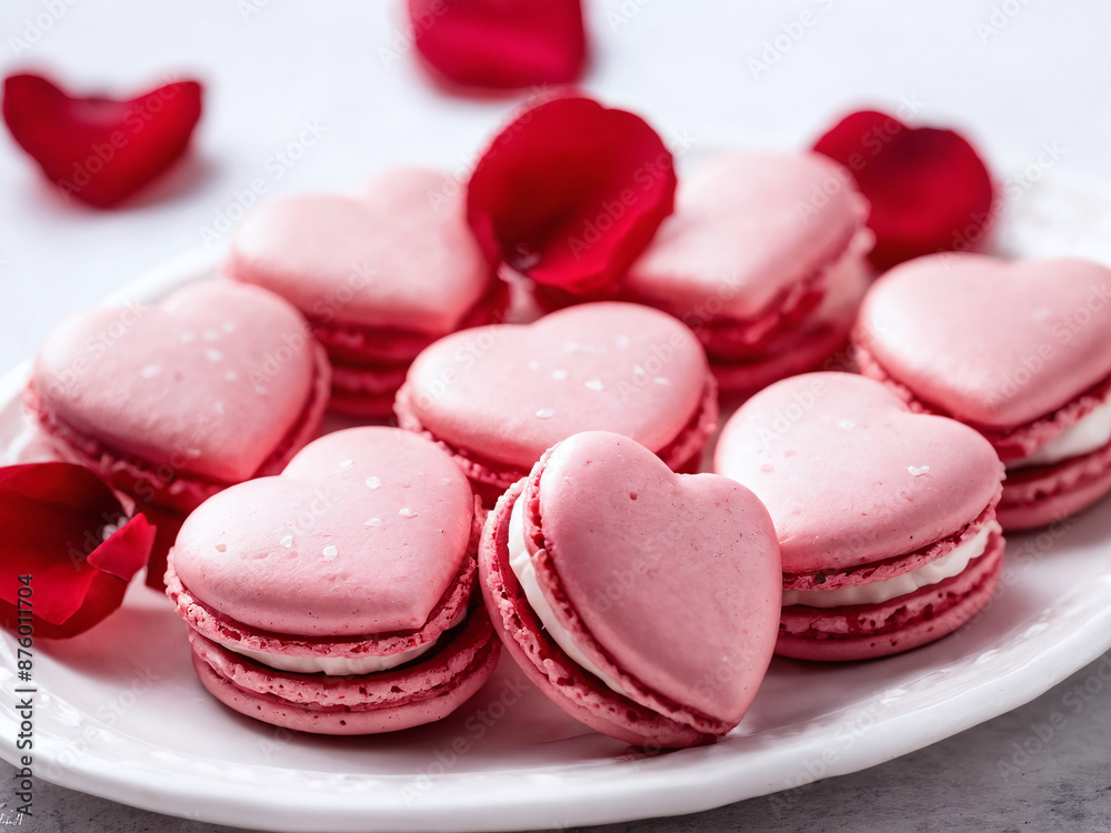 Pink heart-shaped macarons with rose petals on a white plate Pink heart-shaped macarons with rose petals on a white plate