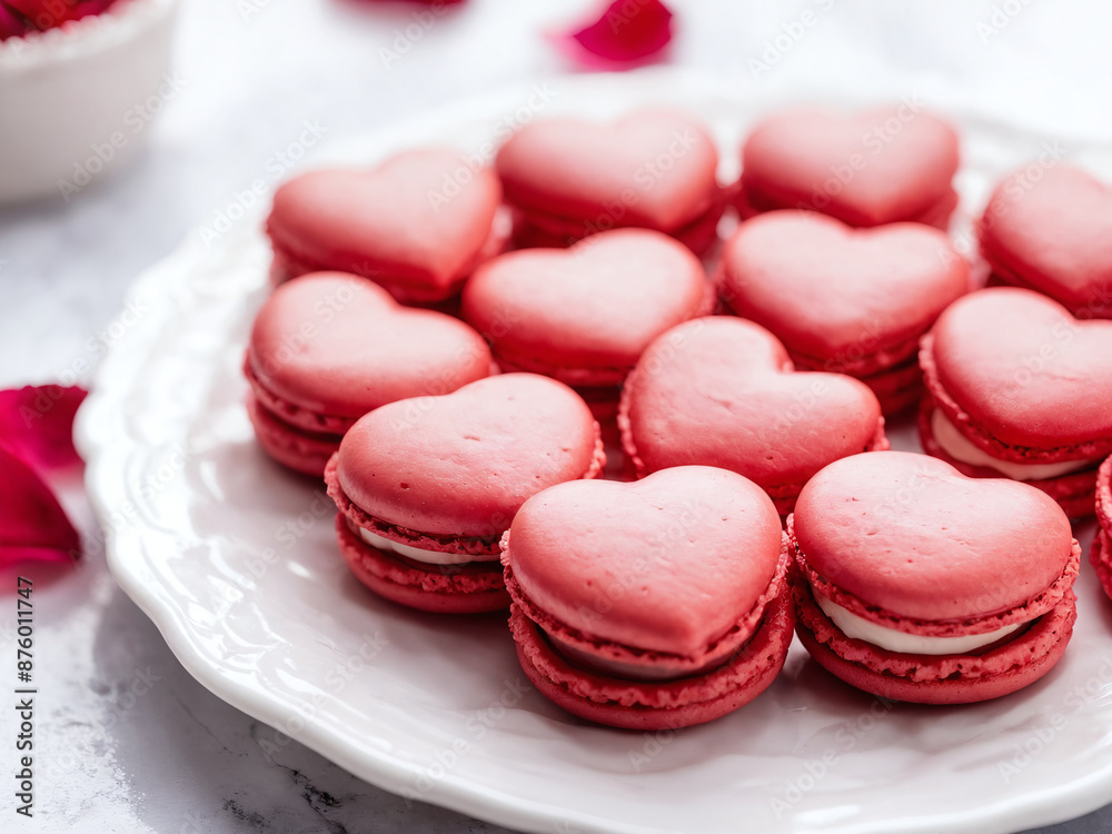 Obraz premium Pink heart shaped macarons on a white plate