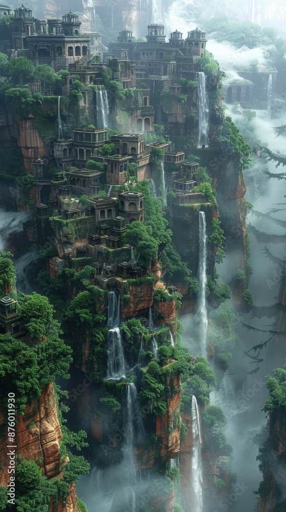 Obraz premium Majestic castle perched on cliffs with cascading waterfalls, surrounded by lush green trees, ancient ruins, and serene misty ambiance.