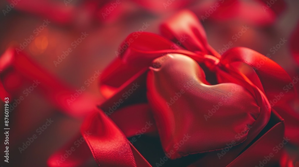 Elegant Macro Shot of Red Satin Ribbon Adorning Heart-shaped Gift Box in Romantic Theme Elegant Macro Shot of Red Satin Ribbon Adorning Heart-shaped Gift Box in Romantic Theme