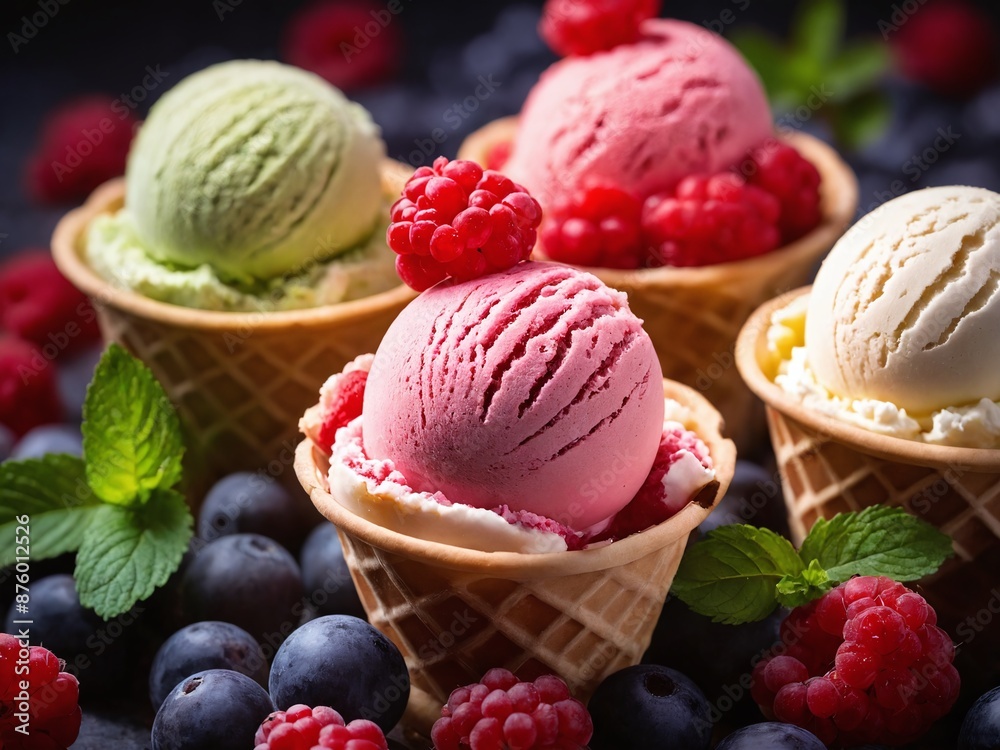 Freshly scooped ice cream cones with raspberries and blueberries Freshly scooped ice cream cones with raspberries and blueberries