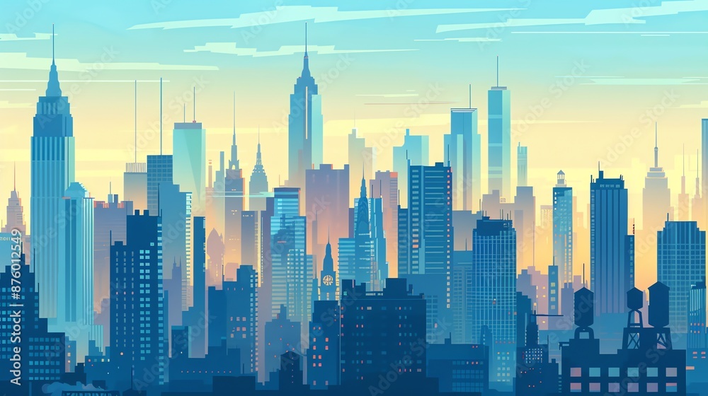 A cityscape skyline in a retro style with blue and yellow colors. A cityscape skyline in a retro style with blue and yellow colors.