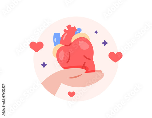 organ donation concept. world organ donation day. illustration of a hand holding or giving a heart. symbol or icon. flat style design. graphic elements
