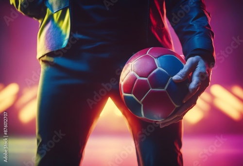 colored caucasian holding xagon illuminated player background male midsection ball no people xagon copy space composite sport neon photo