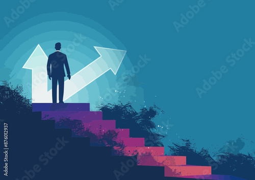 Businessman on Staircase Watching Arrow Sign Depicting Career Growth and Success - Professional Development and Business Advancement Concept, Minimalistic Vector Illustration