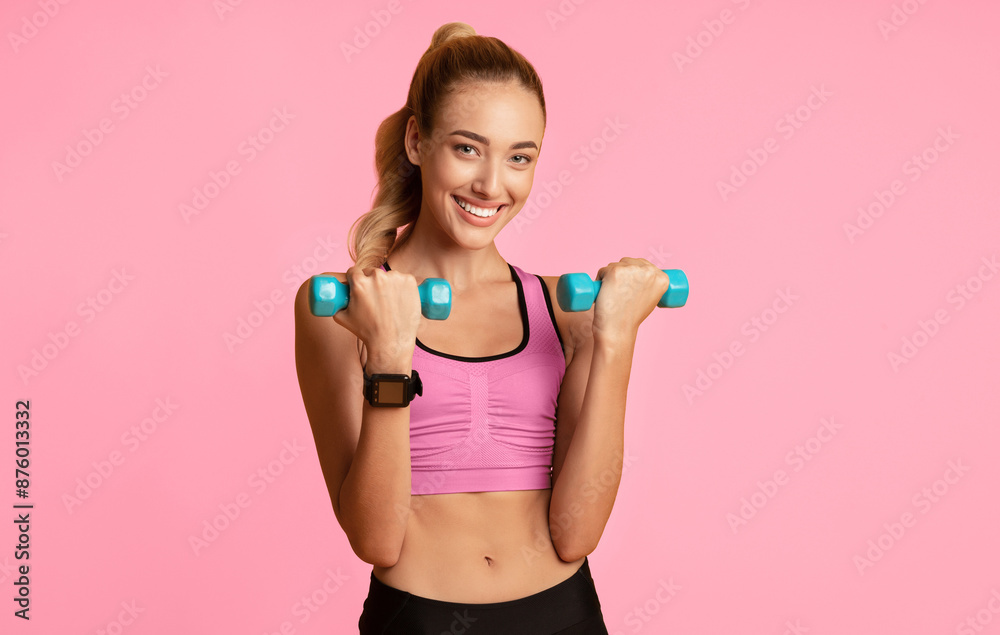 Cheerful Fit Girl Doing Biceps Workout With Dumbbells On Yellow Background In Studio. Empty Space Cheerful Fit Girl Doing Biceps Workout With Dumbbells On Yellow Background In Studio. Empty Space