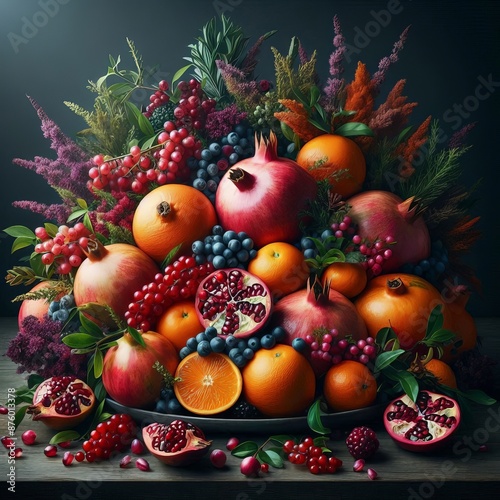 An image of a lush, blooming bunch of fruits arranged together in an aesthetic composition. Pomegranate, oranges, berries.