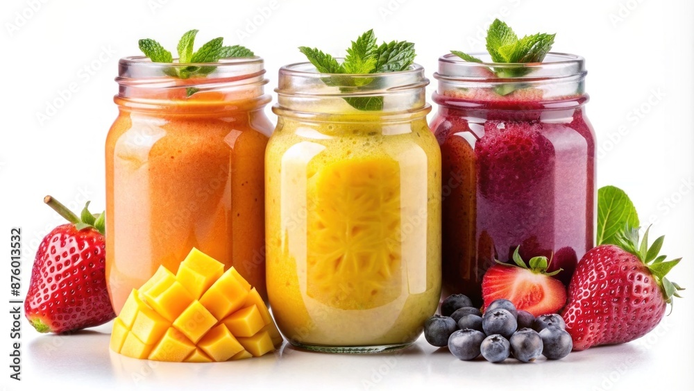 three mason jars filled with colorful fruit smoothies, with tropical fruits like pineapple, mango, and berries around them three mason jars filled with colorful fruit smoothies, with tropical fruits like pineapple, mango, and berries around them