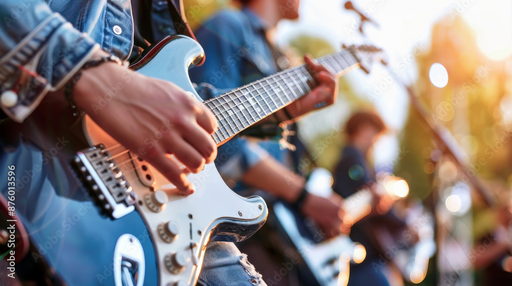 Obraz premium Close up of young musicians playing electric guitars at an outdoor concert