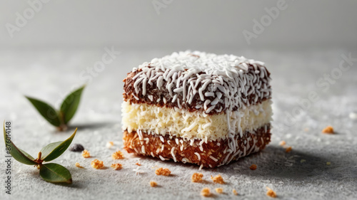 Lamington. A lamington is an Australian cake made from squares of butter cake or sponge cake coated in an outer layer of chocolate sauce and rolled in desiccated coconut.