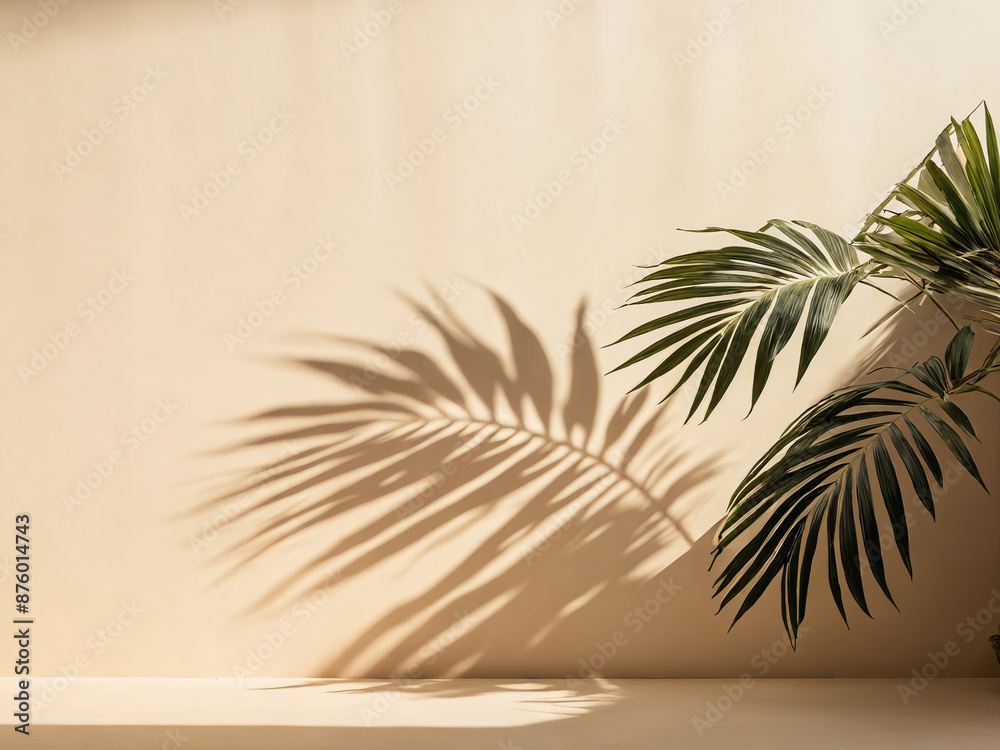 Fototapeta premium Palm leaf shadow on tan wall