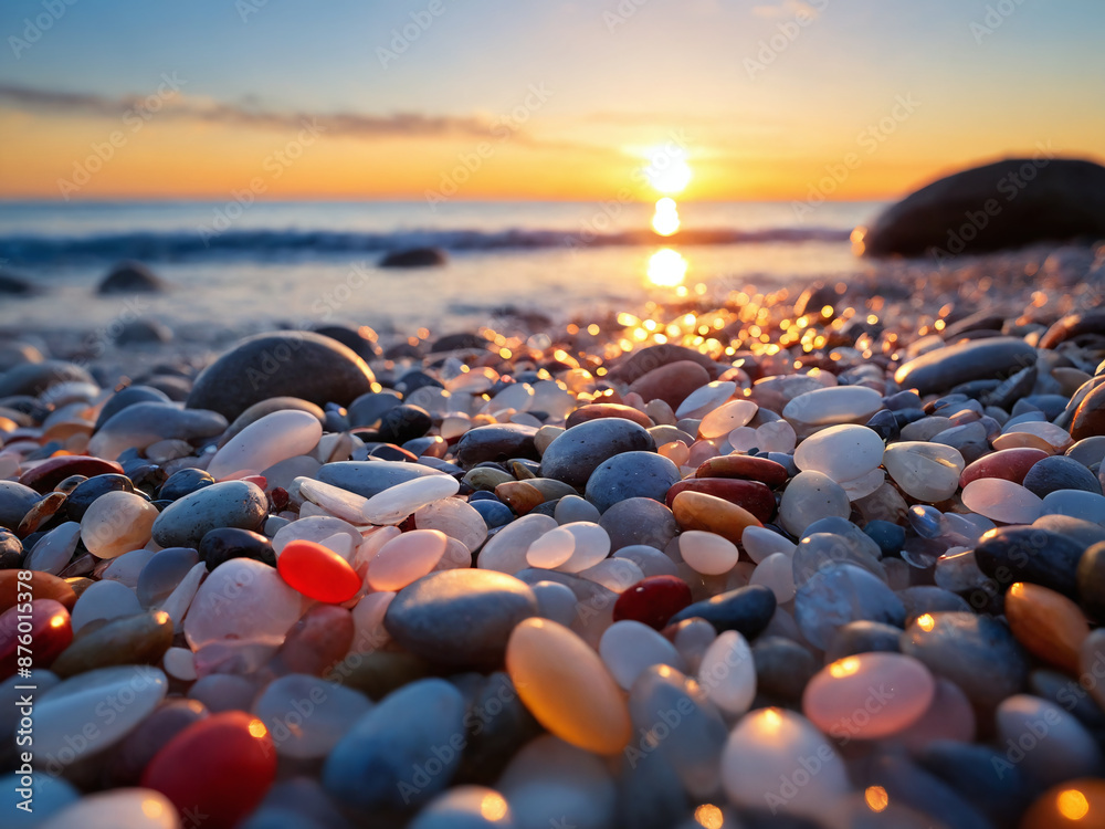 Obraz premium Colorful sea glass and smooth stones at sunset on a beach