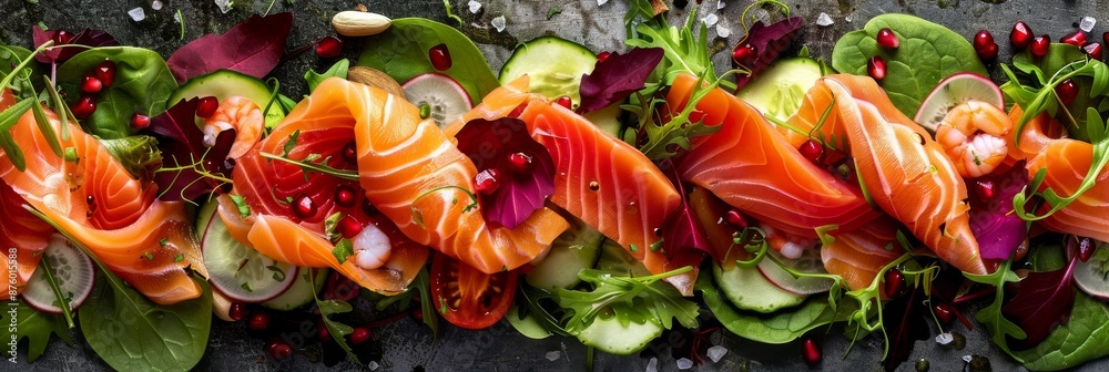 Fototapeta premium Salmon Salad with Shrimps and Greens, Smoked Trout Pieces, Lettuce, Cucumbers, Radicchio, Nuts