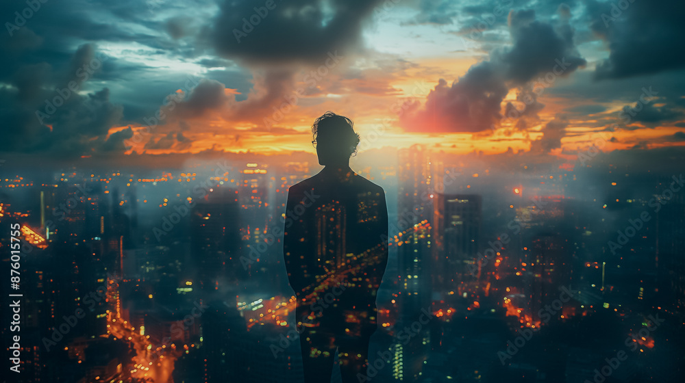 Double exposure concept with businessman silhouette. With special lighting effects Double exposure concept with businessman silhouette. With special lighting effects