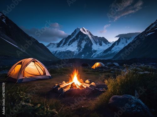 Two tents camped near bonfire under mountain peak at dusk