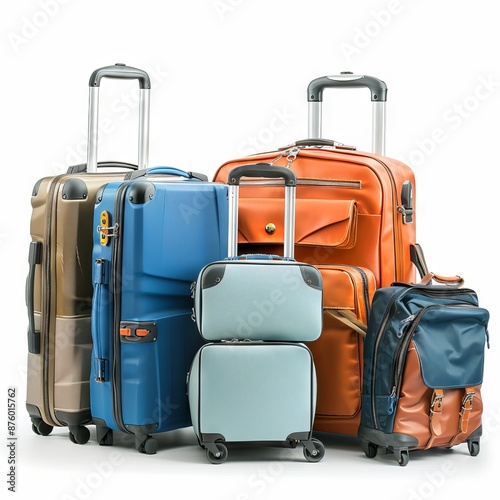 Color suitcases set isolated, modern travel bags group, handbags pack, different luggages, baggage collection photo