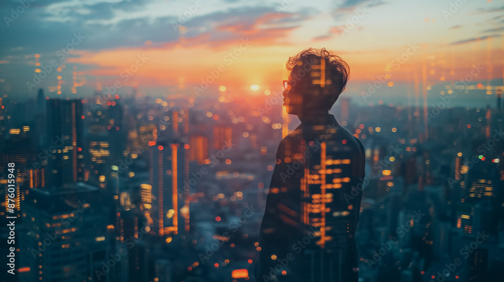 Double exposure concept with businessman silhouette. With special lighting effects Double exposure concept with businessman silhouette. With special lighting effects