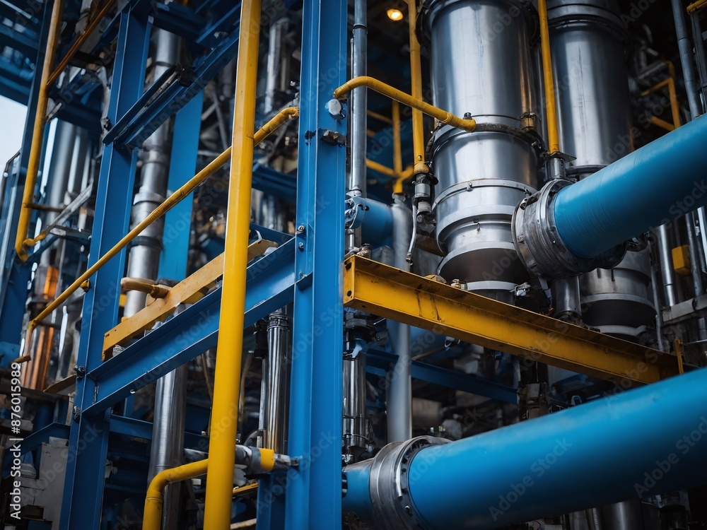 Blue and yellow industrial piping system in a modern factory