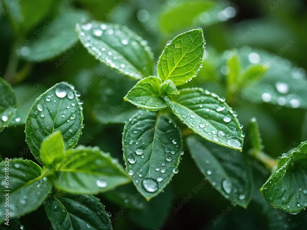Close up of green mint leaves covered in dew drops after rain Close up of green mint leaves covered in dew drops after rain