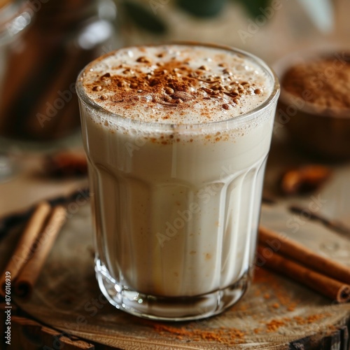A close-up shot of a glass of milk with a sprinkle of cinnamon, showcasing the warmth and comfort of the drink