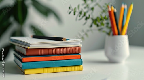 Organized Workspace - Neat Stack of Notebooks and Pencils on White Desk