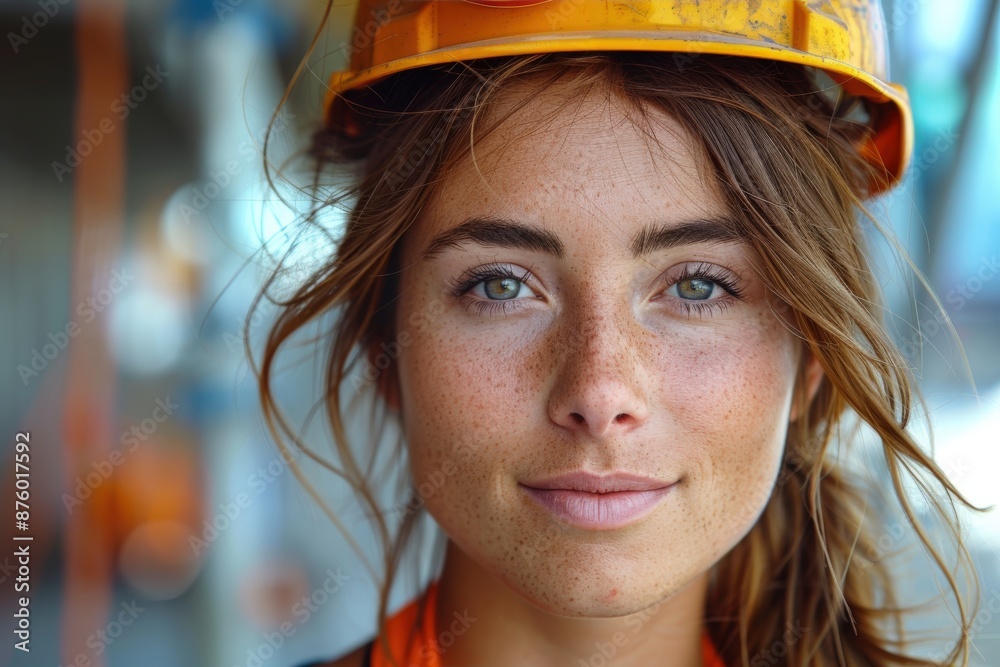 A smiling woman with freckles, wearing a construction helmet, stands at a building site, her hair slightly tousled. The setting features equipment and blurred background elements. A smiling woman with freckles, wearing a construction helmet, stands at a building site, her hair slightly tousled. The setting features equipment and blurred background elements.