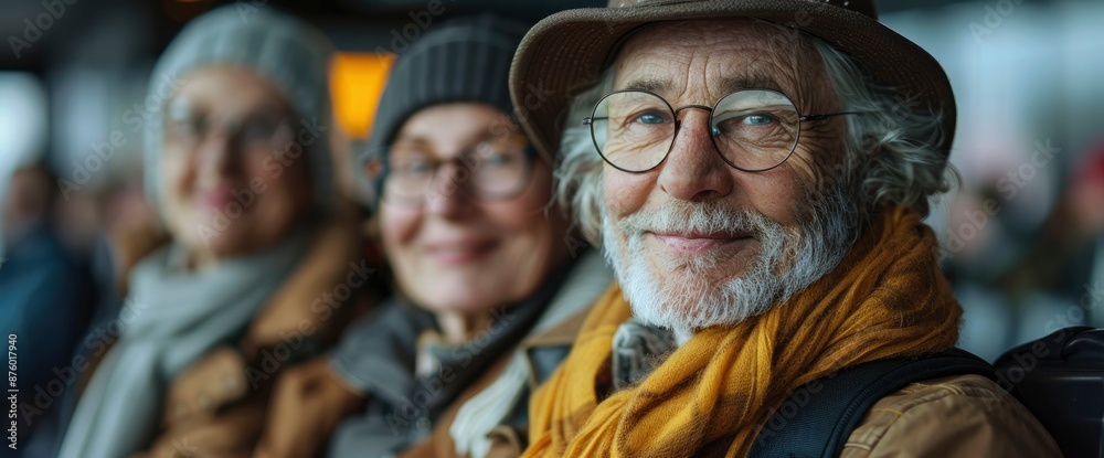 Obraz premium A Smiling Group Of Senior Friends Sitting In The Airport Departure Area, Waiting