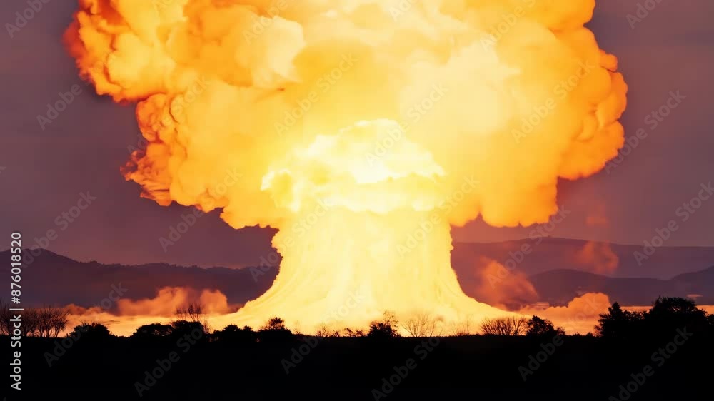 Epic nuclear bomb explosion in desert. Big bang. Third world war concept. Arms race Apocalyptic catastrophe. Doomsday hell. Global problem radioactive catastrophe. Armageddon.