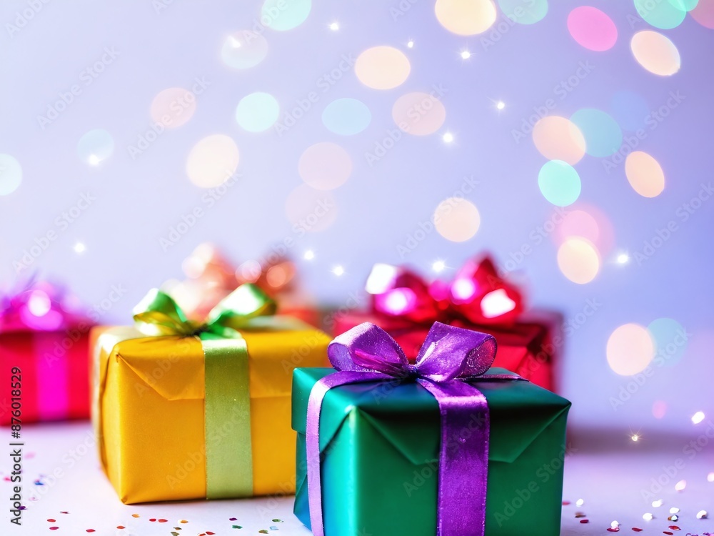 Colorful wrapped gifts with bows on white surface with purple bokeh lights Colorful wrapped gifts with bows on white surface with purple bokeh lights