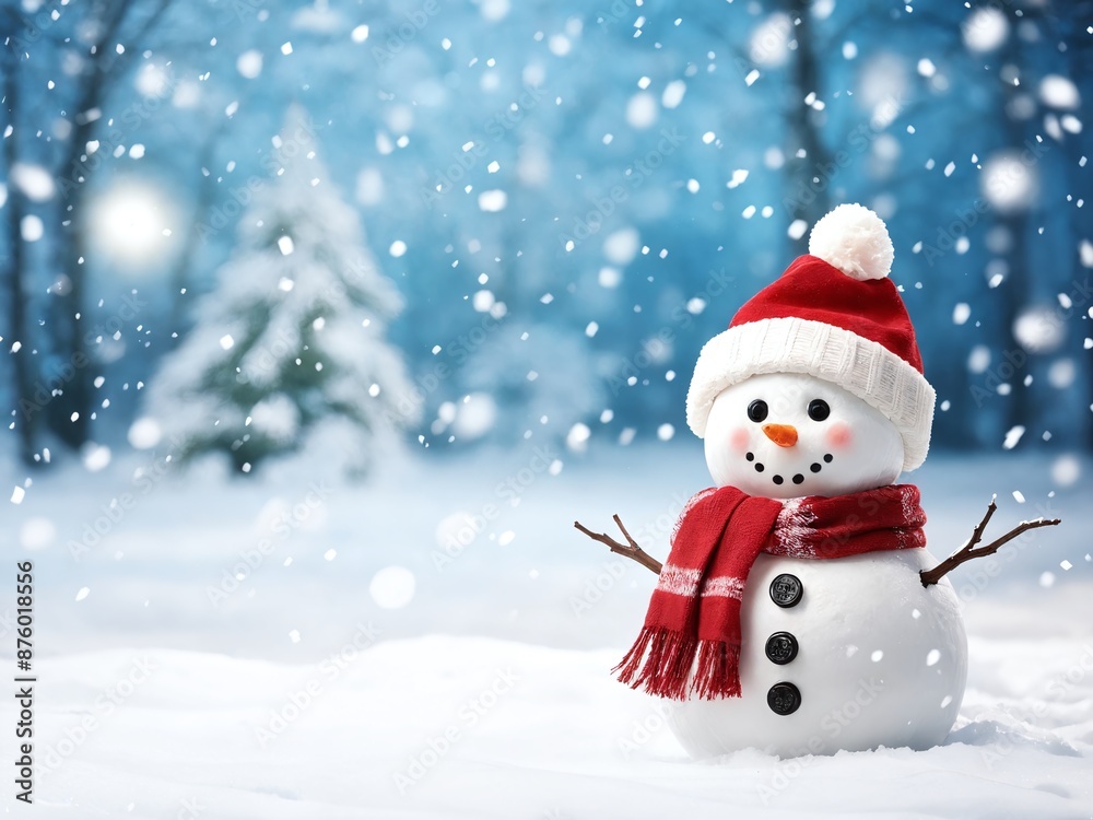 Fototapeta premium Snowman wearing a red hat and scarf in a snowy forest