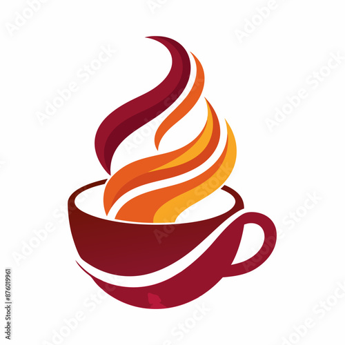 an abstract concept logo for a coffee shop . The design features stylized aromatic waves emanating from a coffee cup, symbolizing the transformative and magical quality of coffee. Use warm orange 