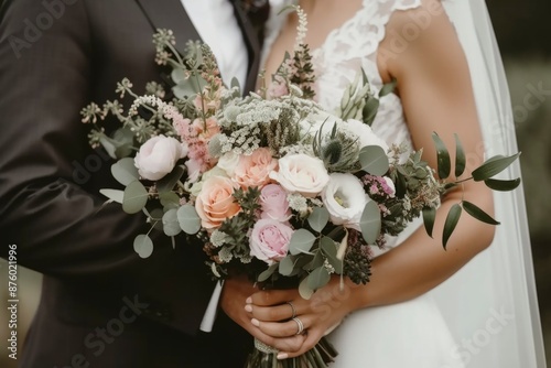 A bride in a white dress holds a beautiful bouquet of peach and white flowers.