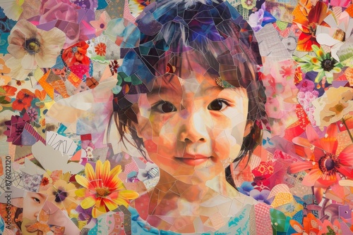 The composition of this collage showcases a girl's portrait surrounded by vivid paper elements, resulting in a dynamic, expressive design