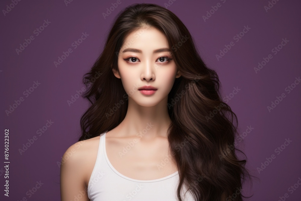 Portrait of a young woman with long, flowing hair wearing a white tank top against a purple background Portrait of a young woman with long, flowing hair wearing a white tank top against a purple background